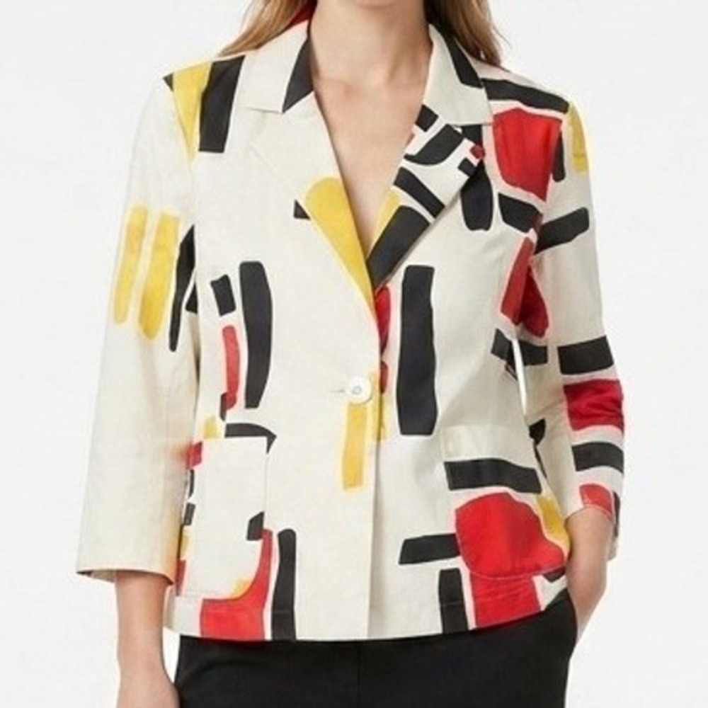 Erin London Blazer Womens Large White Abstract Geometric Print Funky Jacket